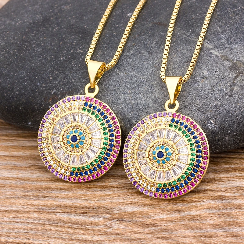 

New Design Turkish Evil Eye Round Pendant Trendy Girs Micro Pave CZ Lucky Jewelry Colorful Necklace Best Birthday Party Gifts