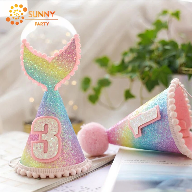 Child Colorful Mermaid Tail Party Hat Glitter Fish Scale Birthday Caps Princess Crown Hats Baby 1st Decoration Supplies | Дом и сад