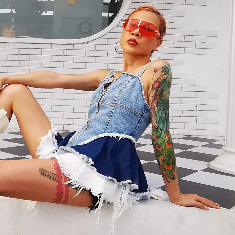 VGH Sexy Denim Women Vest Square Collar Sleeveless Spaghetti Strap Tunic Patchwork Mesh Ruffles Hit Color Camis Female 2020 Tide