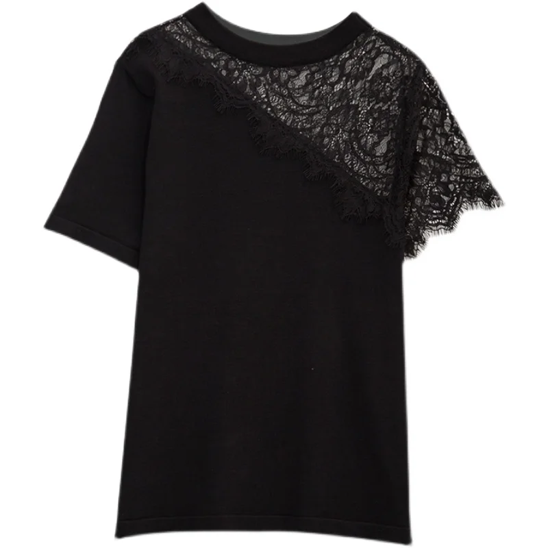 Женский кружевной свитер с коротким рукавом и круглым вырезом | Женская одежда