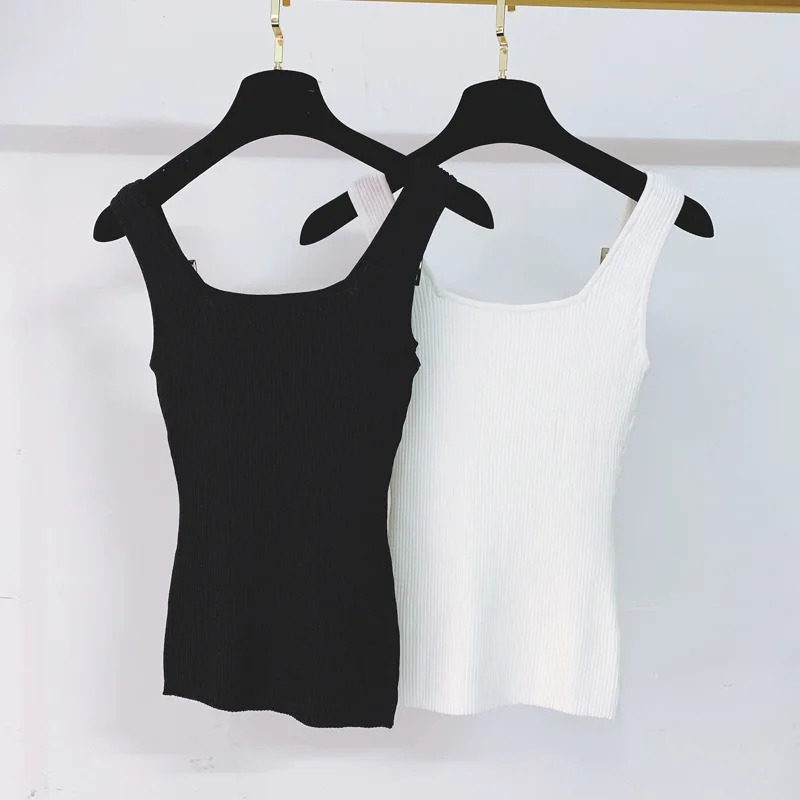 

Camisole Women's 2021 Summer New Tank Top Square Buckle Adjusting Belt Design Slim Stretch Vertical Stripes Knitted Sling
