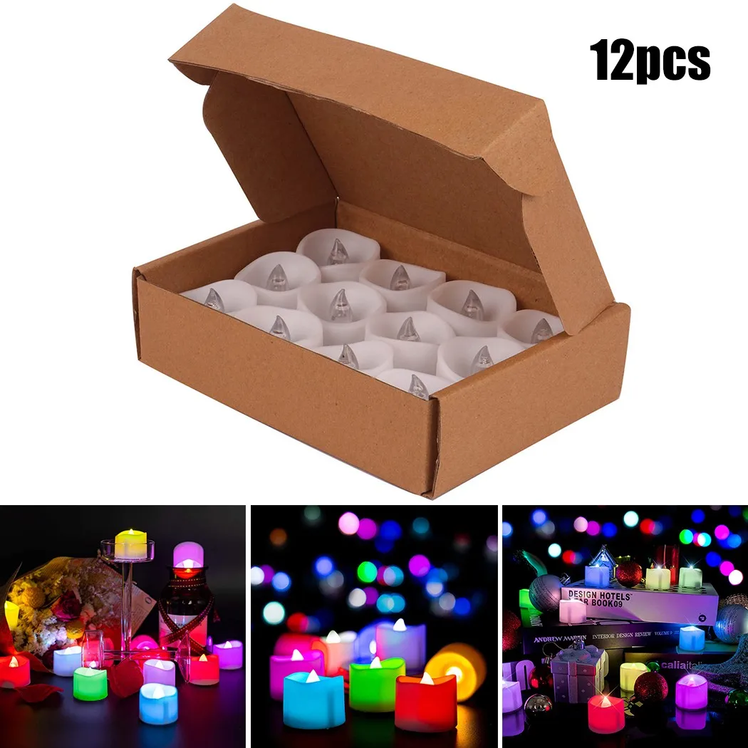 

12 Colorful Flameless Artificial Candles LED Battery Powered Tea Lights 7 Color Candle Lights Wedding Banquet