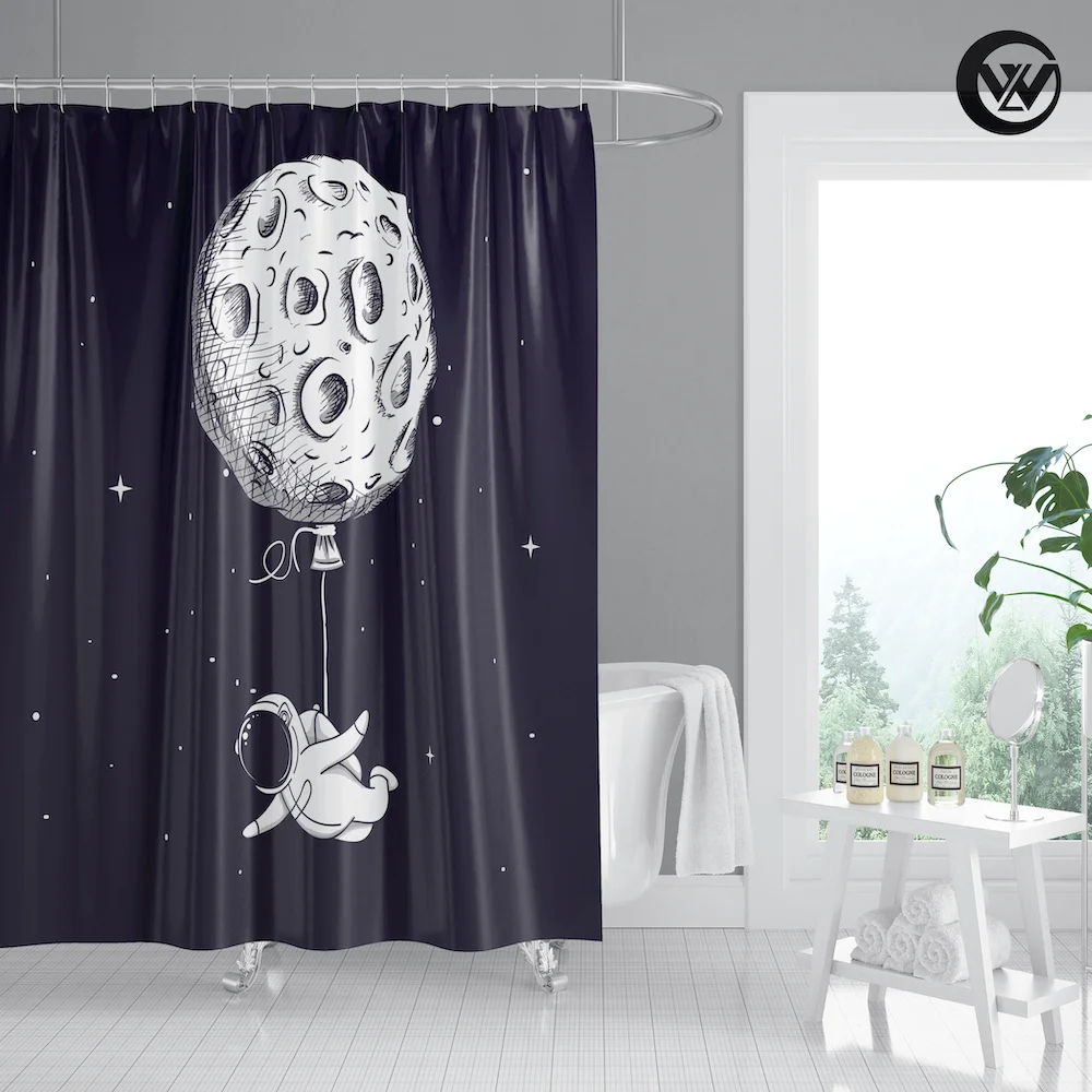 

Mildew Resistant Print Fabric Space Astronaut Bath Shower Curtains, Wholesale Sublimation Polyester Funny Hotel Bathroom Curtain