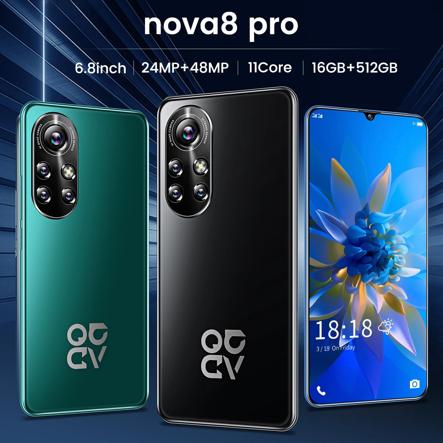 Global Version Nova8Pro 6.8-inch 5G Smartphone 16GB+512GB 6500mAh GPS Positioning, Facial Fingerprint Unlocking, Dual Card Dual