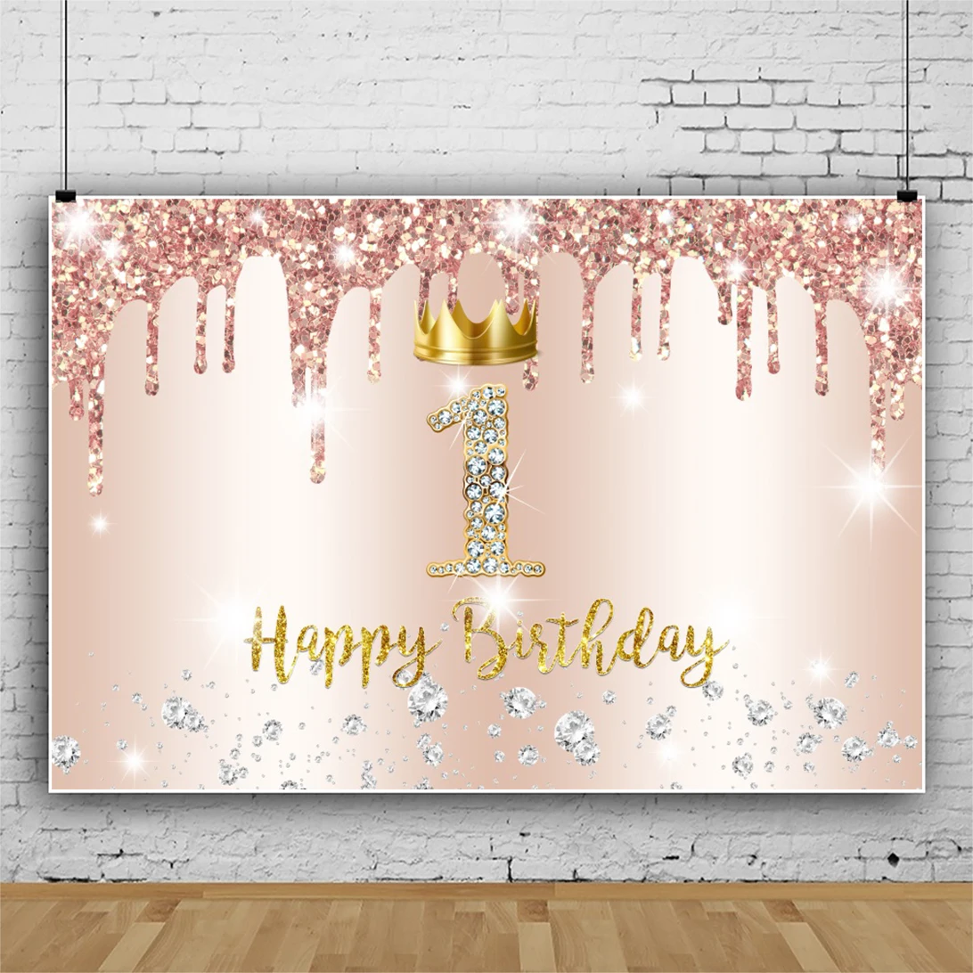 

Pink Glittering Crown Baby's 1st Birthday Party Background Children Newborn Photo Studio Backdrop Vinyl Booth Poster