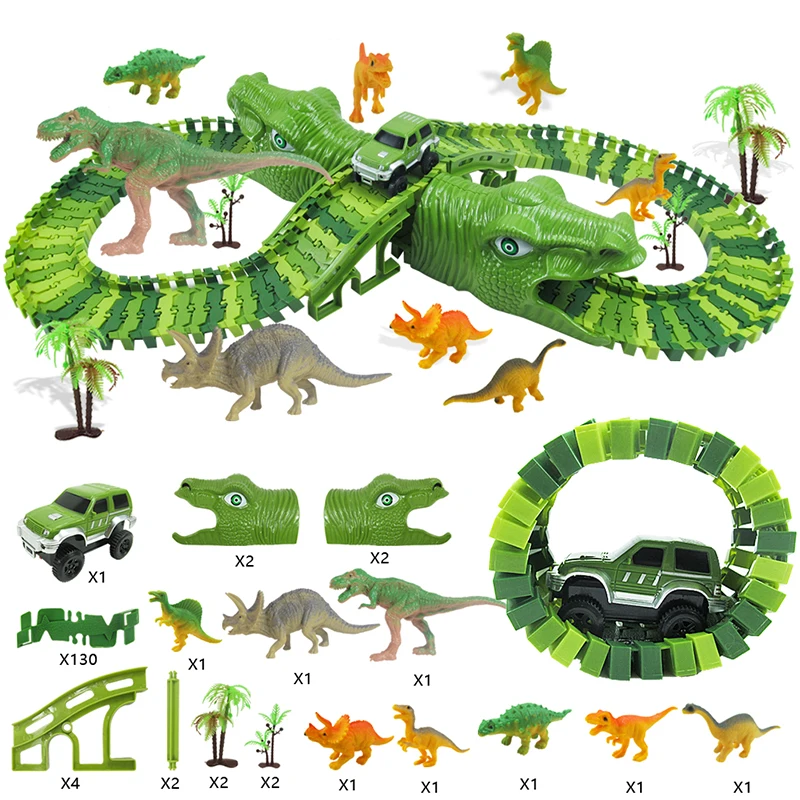 

153pcs/set Classic Dinosaur Electric Rail Car Track Racing Toy Kit Flexible Race Track Flash Light Car Educational Toys Kid Gift