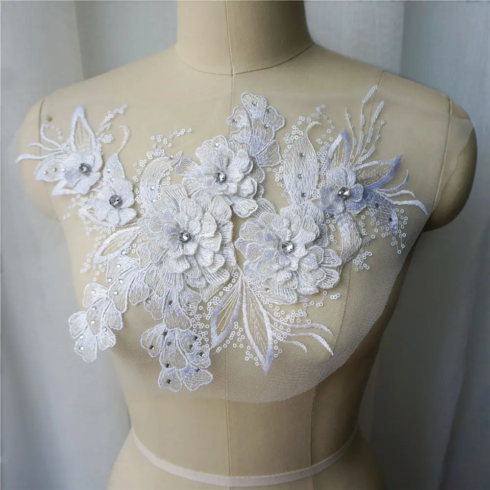 Белые 3D Цветочные Блестки Стразы вышитые платья аппликации воротник сетчатые