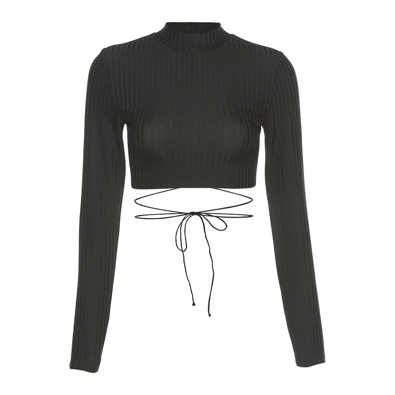 

Solid Casual Hollowing O Neck Tees Women Hot Ribbed Long Sleeve T-shirts Sexy Hollow Out Back Bandage Reversible T Shirts Club