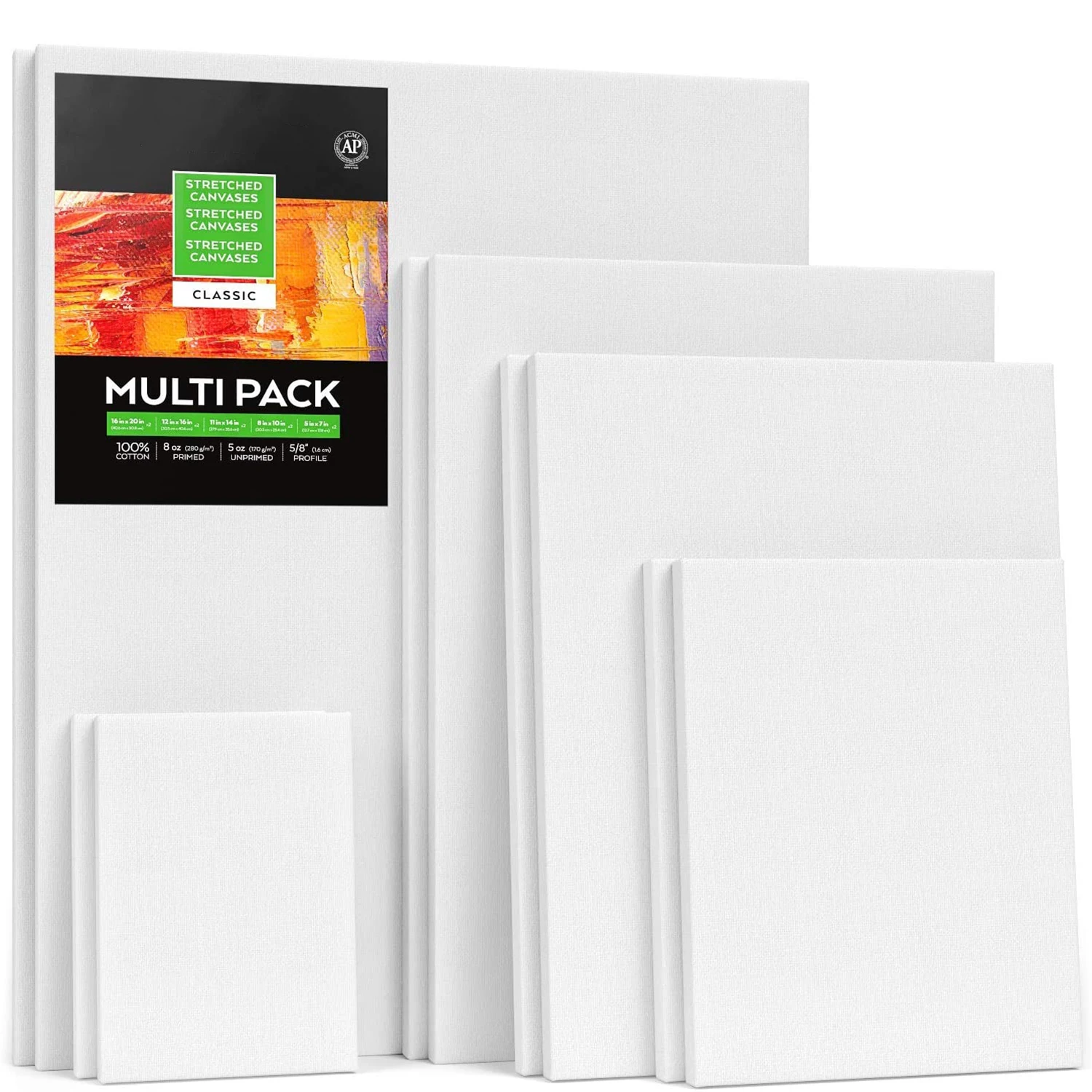 

Multipack of 8 Paint Canvases Stretched Canvas 8x8,8x12,8x16,8x20,12x12,12x16,12x20,16x16 Inches 100% Cotton Blank Canvas