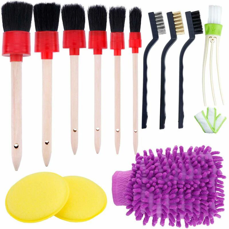 

Boar Hair Cleaning Brush Set Interior For Wheel Clean Wooden handle Round Comfortable grip