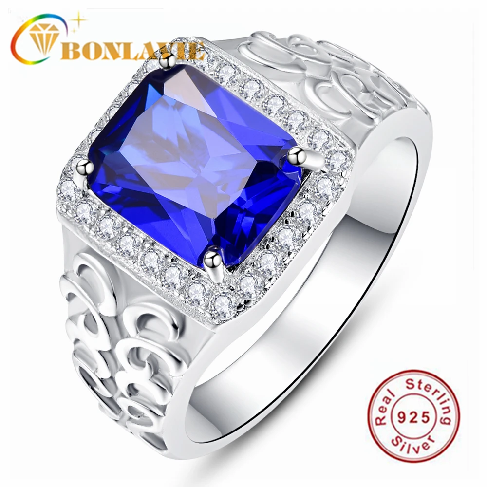 BONLAVIE 925 Sterling Silver Square Sapphire Blue Zircon Grain Relief Men's Ring for Wedding Engagement Jewelry