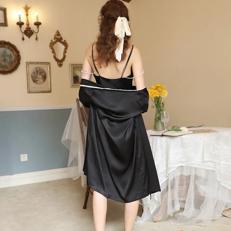 

SXTHAENOO New Pajamas Sets For Women Stain Nightdress Bathrobe Sexy Silk Bath Gown Sleepwear Wedding Night Dress Robe