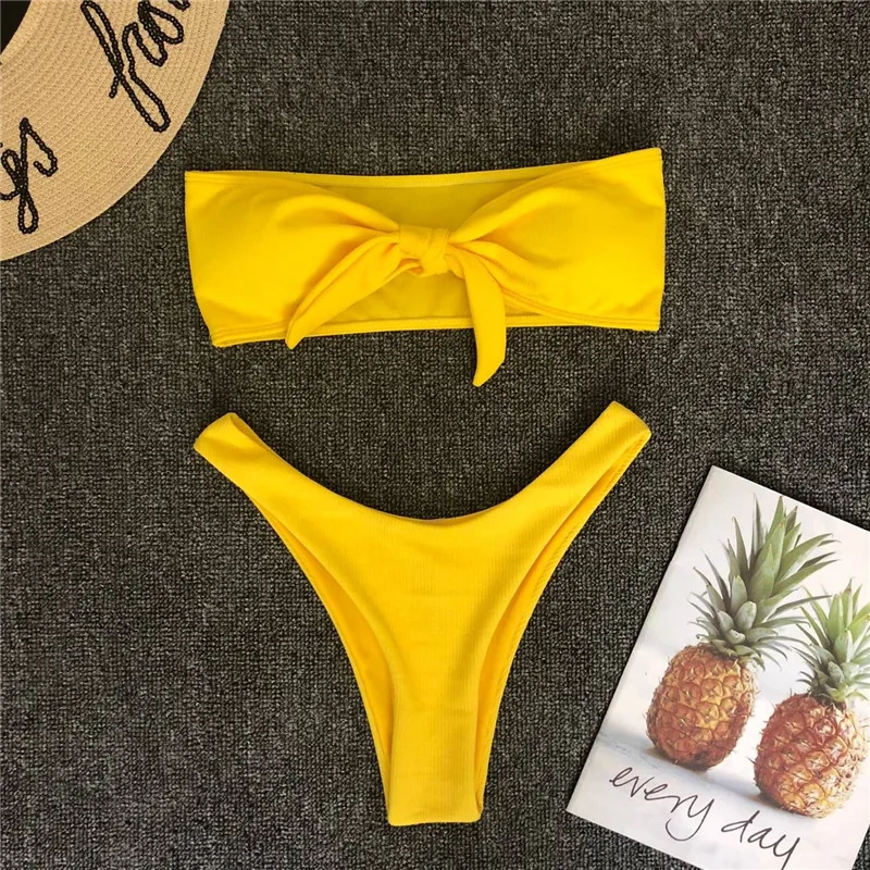 

2021 Summer New Women's Fashion Split Swimsuit Pure Color Knotted Sexy Bikini High Fork Special Fabric Swimsuit