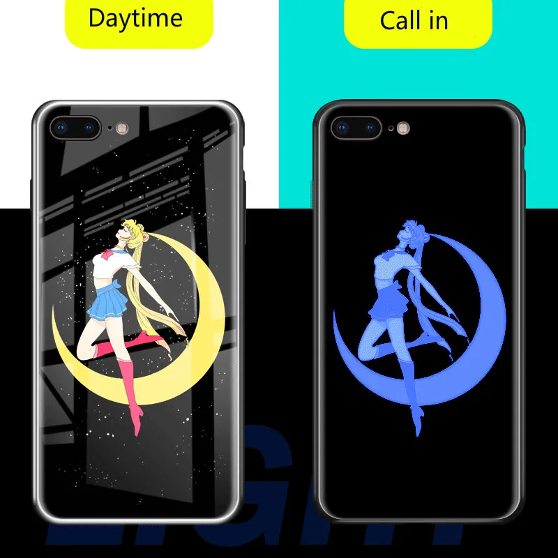 Sailor Moon glass Phone Чехол для iPhone 7 8 6 6s Plus X Flash Light Up напоминание входящий вызов Чехлы Голосовое управление и семь цветов