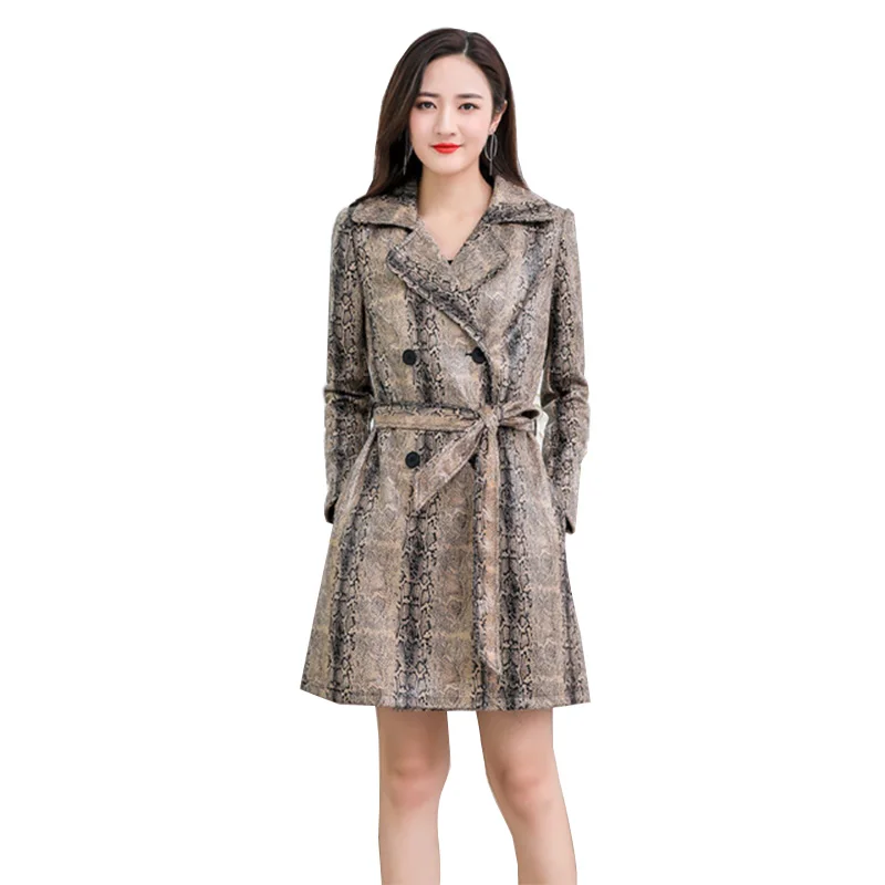 Liva girl 2019 Women's Fashion Trench Coat Vintage Snake Patent leather Washed Outwear Belt Slim Clothing | Женская одежда