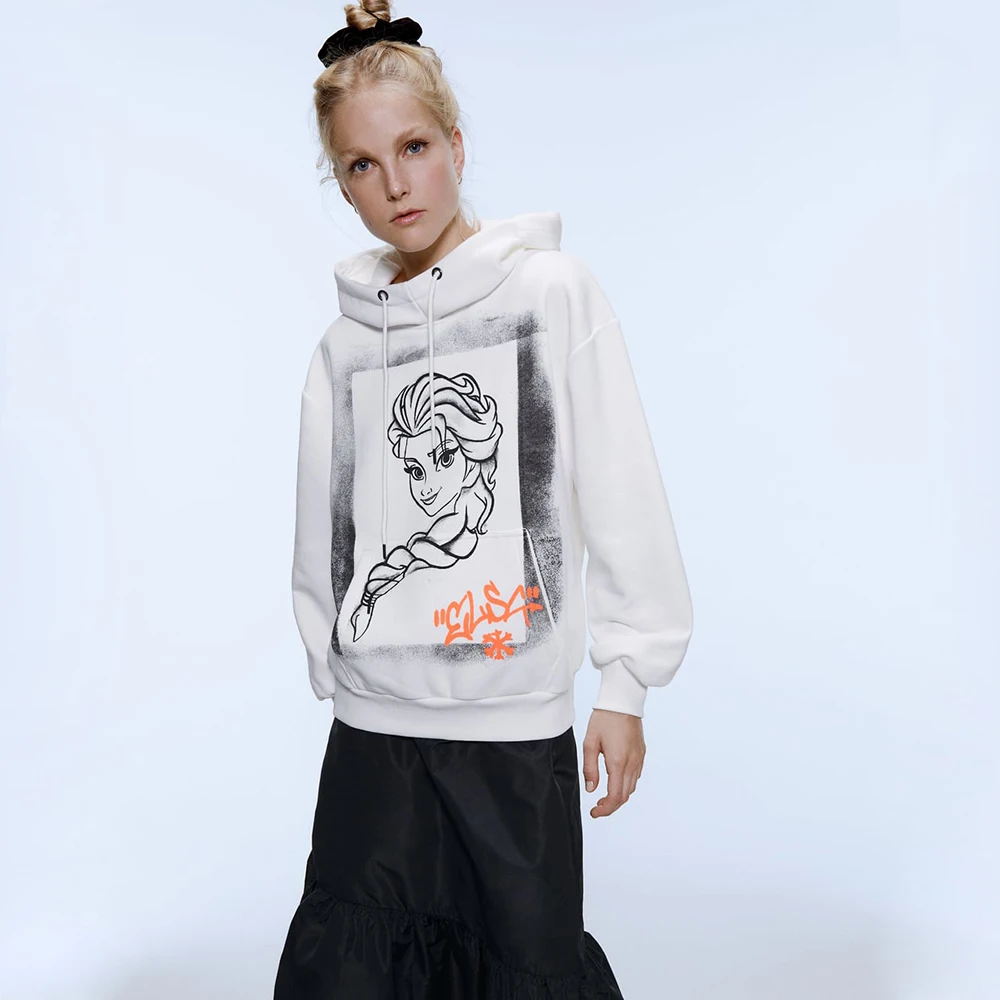 2019 Autumn and Winter Women's Pullover ZA Ice Romance Aisha Princess Print Adjustable Hooded Long-sleeved Sweatshirt Top | Женская