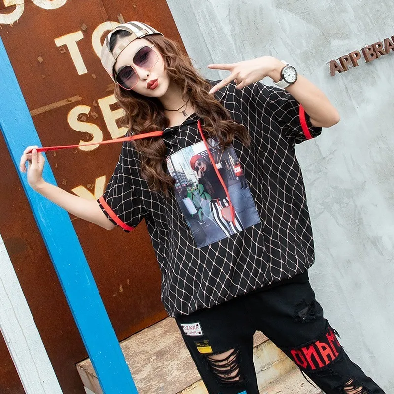 Harajuka женский Принт с капюшоном шифоновая футболка клетчатый лоскутный пуловер