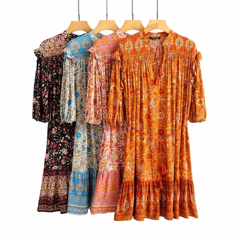 

loose summer dress 2020 V-neck short sleeve women dresses new holiday pink floral print boho beach dress womens