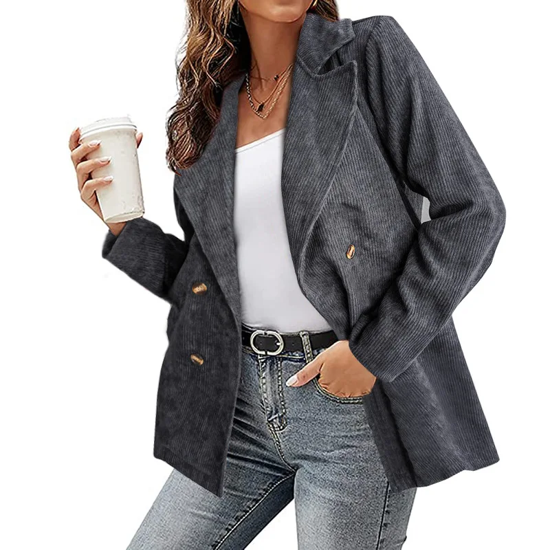 Autumn Jacket Women Chic Office Lady Breasted Blazer Vintage Coat Fashion Notched Collar Long Sleeve Outerwear Stylish Tops New