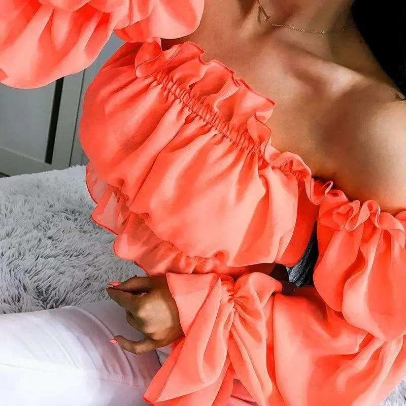 

New Fashion Womens Chiffon Long Puff Sleeve Off Shoulder Crop Tops Blouses Loose Casual Blouse Lady Sexy Hot Sale Corp Top Shirt