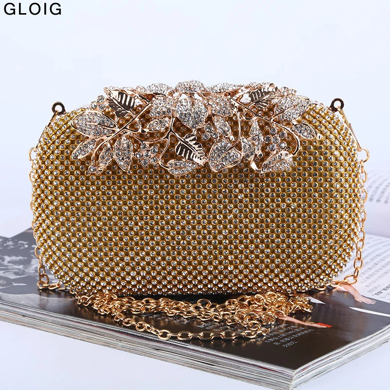 Metal Diamonds Clutch Leaf Chain Shoulder Party Evening Bags Golden Wedding Handbags Dinner Cocktail Purse