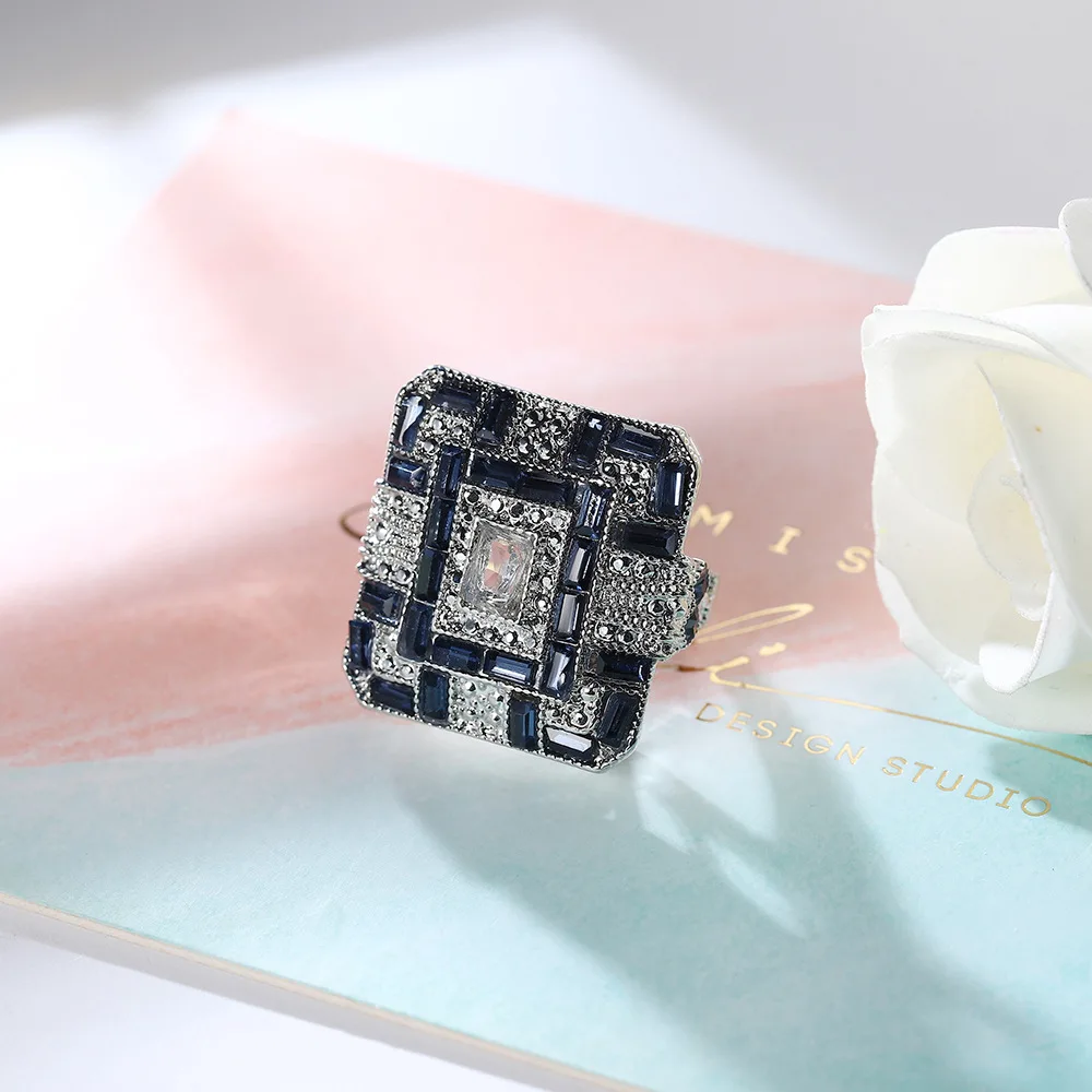 Винтажный стиль синий цвет искусственный камень серебряный квадратные кольца