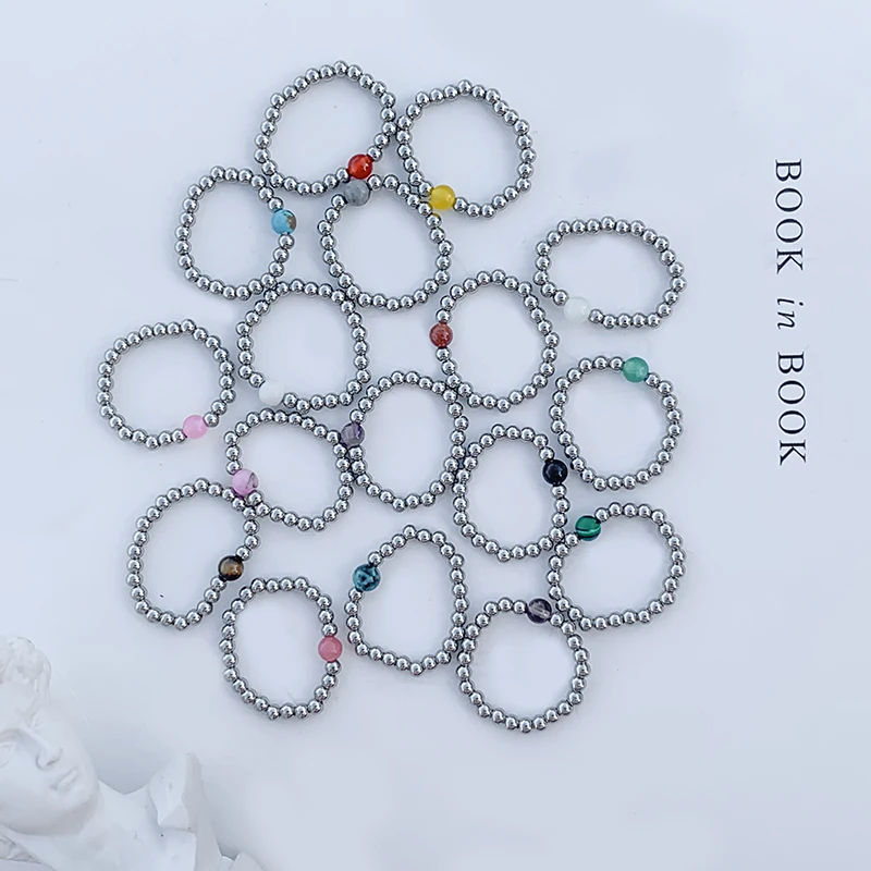 

Bohemian Handmade Natural Stone Freshwater Pearl Rings for Women with Stainless Steel Bead Stretch Rope Wedding Ring Adjustable