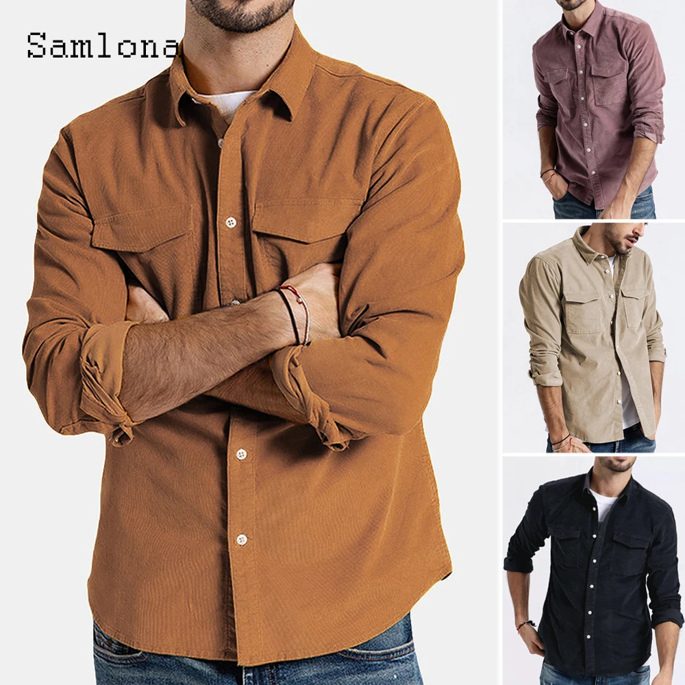 

Samlona Long Sleeve Fashion Corduroy Shirt Sexy Men clothing 2021 Single-breasted Top Streetwear Pocket Design Mens Cargo Blouse