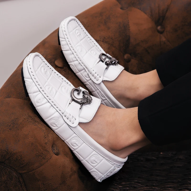 

Men Fashion Driver Driving Shoes Black White Male Business Office Shoes Genuine Leather England Formal Moccasin Footwear