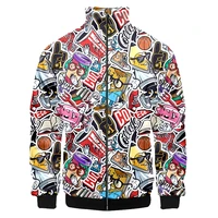 mens stand collar zipper jacket casual abstract hip hop college style campus graffiti printing 3d streetwear oversized for men
