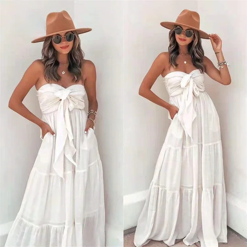 

2021 simple and popular white fresh transparent long skirt chiffon strapless elegant female high waist A-line long dress
