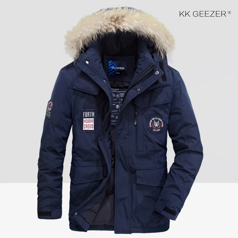 K7767-Blue Зимняя куртка Мужская пуховик Водонепроницаемая куртка большого размера 80% Белая утка с подкладкой Повседневная Свободная Россия Снежный Толстый капюшон Меховые бренды Пальто Мода Многокарманная ветровка Теплая - Цвет: K7767-Blue