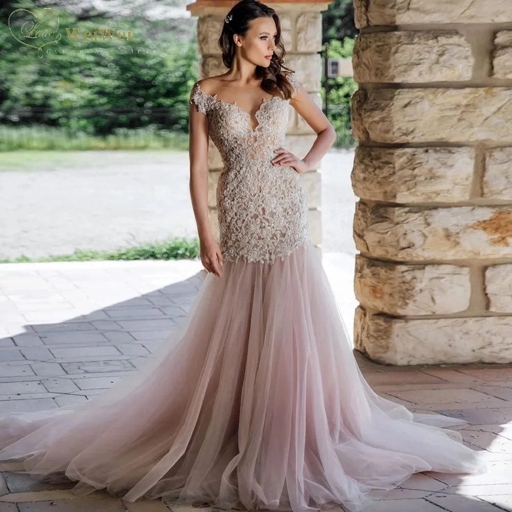 

Lace Applique Mermaid Wedding Dress V-Neck Off The Shoulder Sleeveless Floor Length Back Button Bridal Gowns Vestidos De Novia