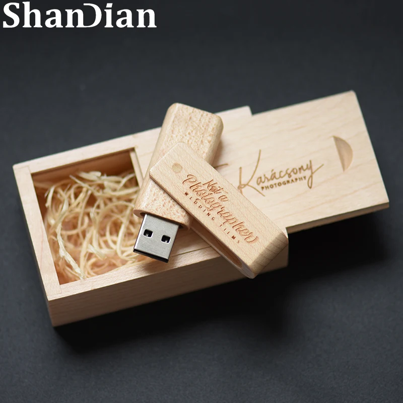 

SHANDIAN Wooden box USB flash drive Rotatable wood Pen drive Free Custom logo Memory stick 128GB 8GB 16GB 32GB 64GB U disk gift