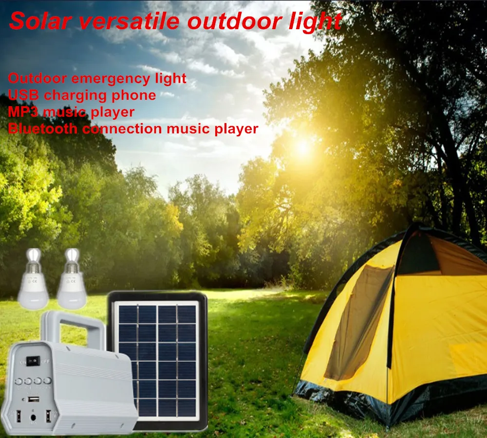 

Solar Power Portable LED Emergency Light Outdoor Bluetooth +USB Charger+2 LED Bulbs 1W Generator Kit Waterproof For Camping Tent