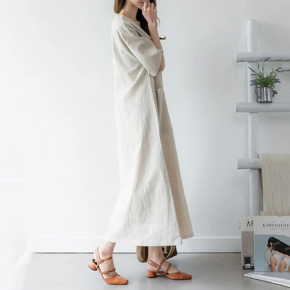 Женское повседневное офисное платье макси в японском стиле хлопковое льняное