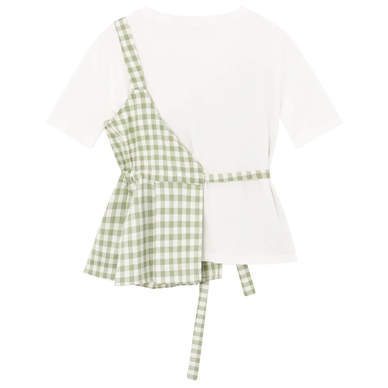 

Women Green Striped Plaid Bandage Irregular T-shirt New Round Neck Short Sleeve Fashion Tide Spring Summer 2021