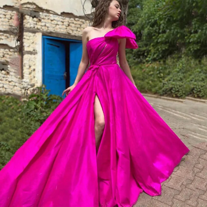 

Sevintage Sexy Split Satin Long Prom Dresses Pleats One Shoulder Evening Gowns Sweep Train Sleeveless Celebrity Dresses Princess