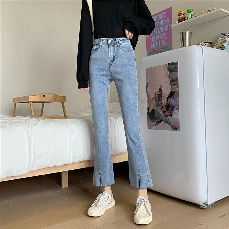 

High Waist Ankle-Length Boot-Cut Trousers Women's Spring Slim-Fit High-Looking Loose 150 Small Split Jeans Wide-Legged Versatile