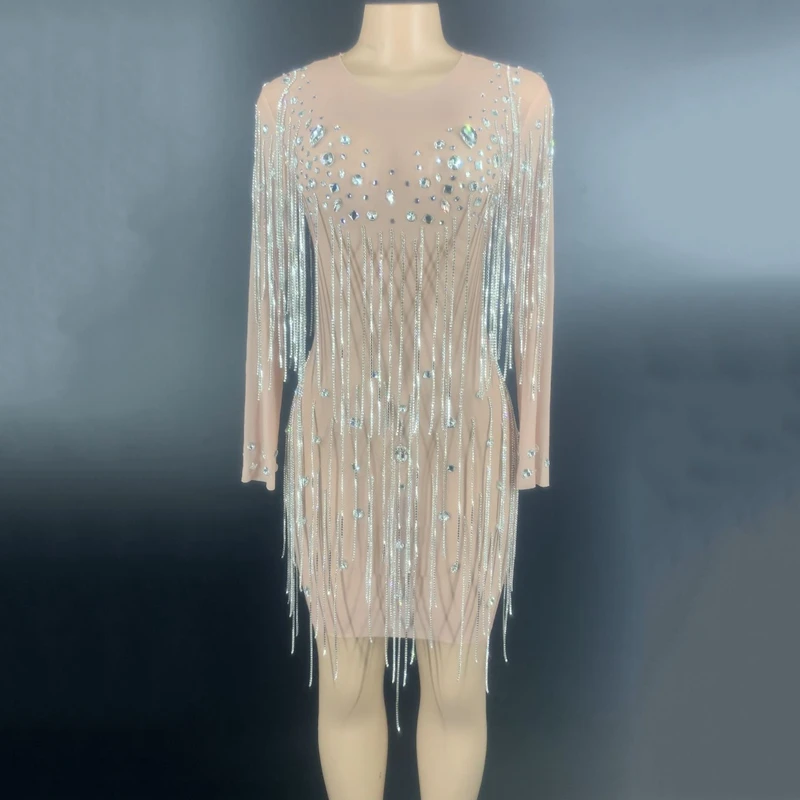 Блестящее серебряное прозрачное короткое платье с бахромой и стразами Женское