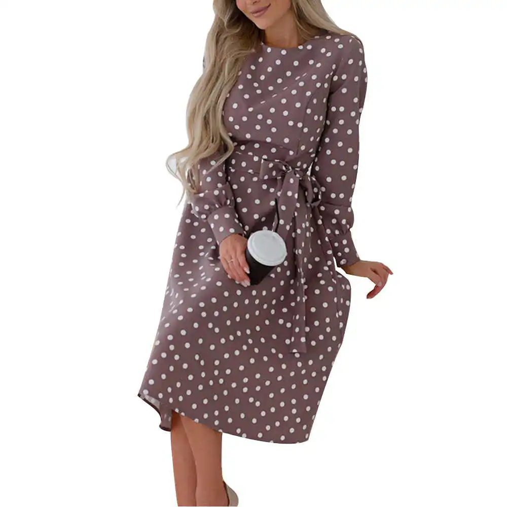 

Women Vintage O Neck Dress Casual Dot A-Line Party Spring Summer Fashion Long Sleeve Mid Dress