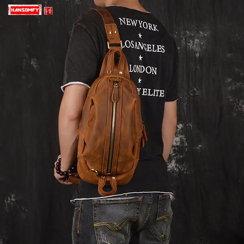 New vintage leather shoulder bag Men's Crazy Horse Skin men Chest Pack Cowhide Back pack Leather Casual Outdoor Messenger Bags