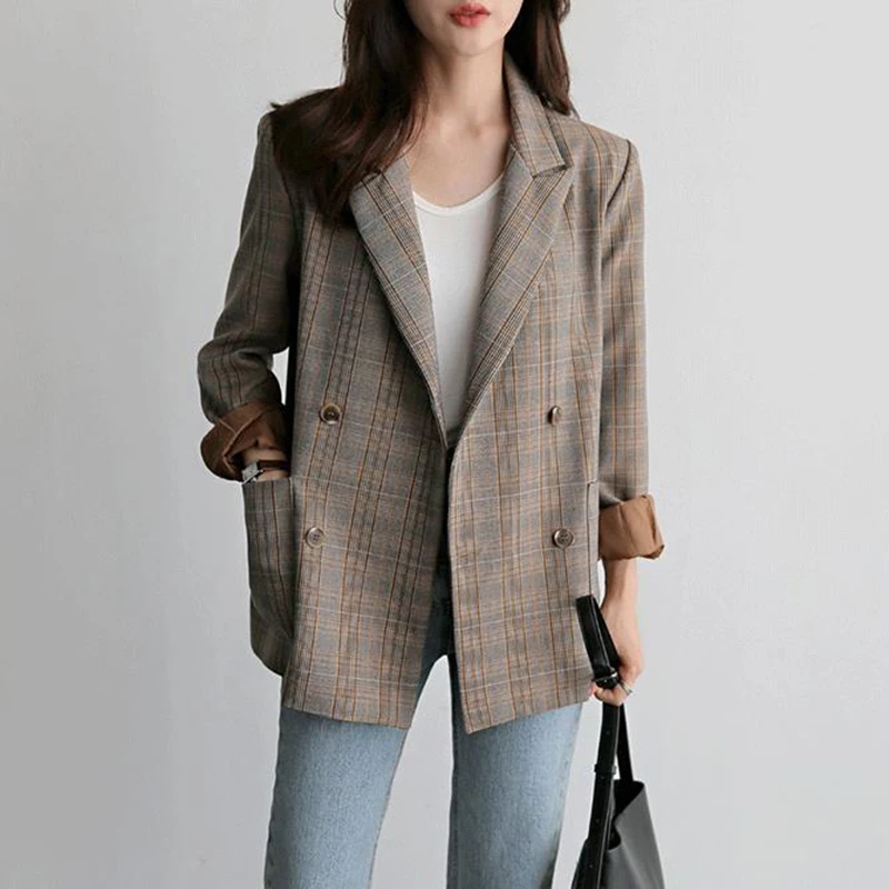 Зимний женский Блейзер Ретро стиль клетчатый костюм для женщин Модный