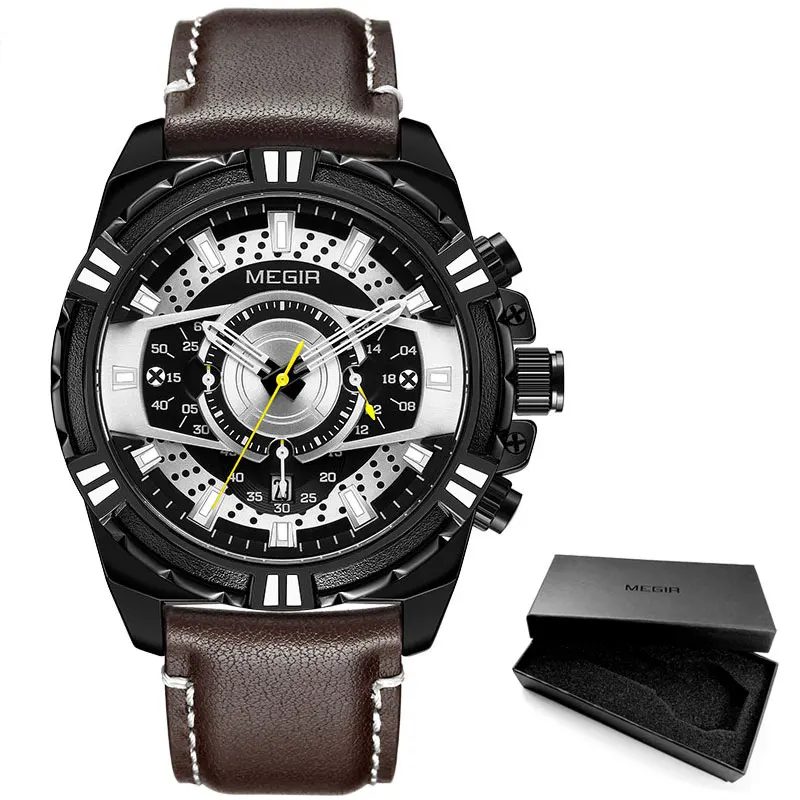 ML2118G-Black MEGIR Мужские кварцевые часы Новые Роскошные Топ брендовые Хронограф военные спортивные кожаные Наручные часы мужские часы 2118 розовые - Цвет: ML2118G-Black