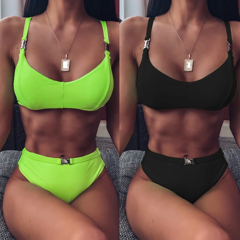 Bikini Set 2019 Swimsuits Women Two Piece High Waist Neon GreenSwimwear Push Up Beachwear Bathing Suit | Женская одежда