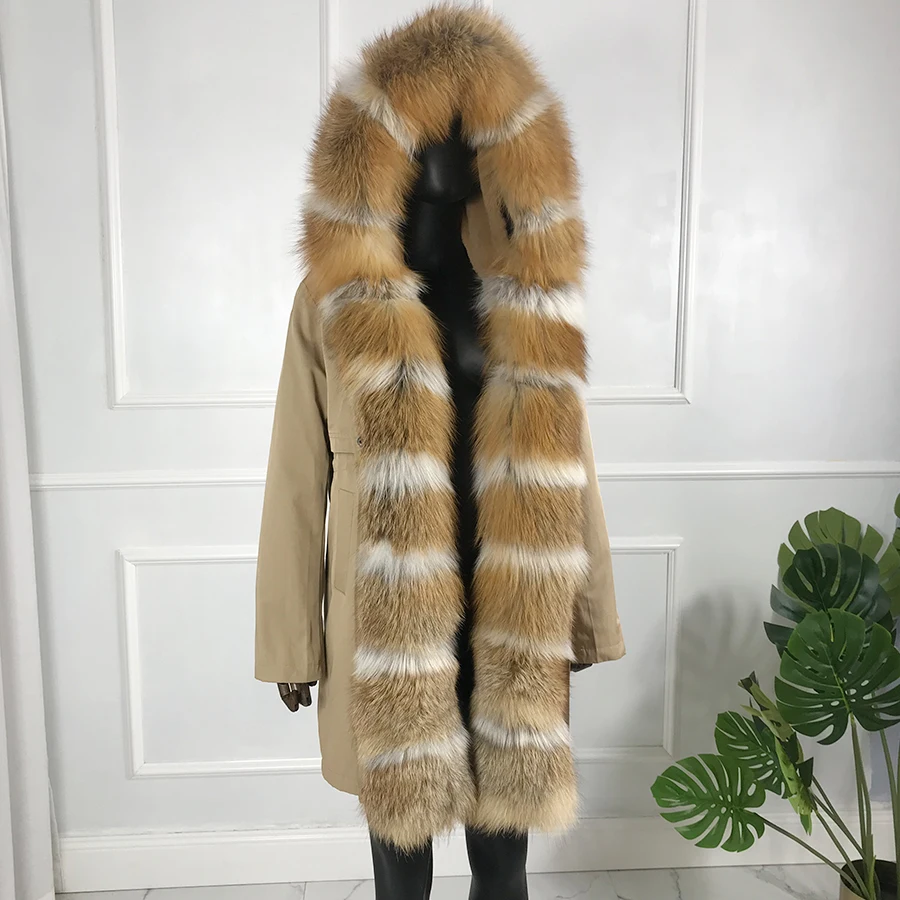 

Women Parka Jacket With Natural Rabbit Fur Coat Autumn Winter Fashion Hood Outwear Real Fox Fur Collar