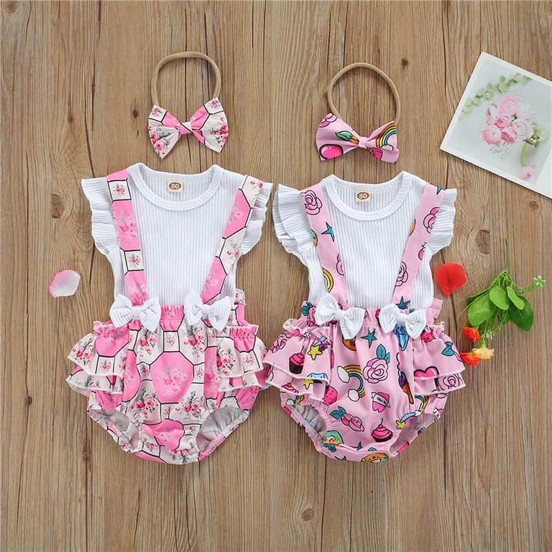 

Комплект для новорожденных девочек 3 шт., топ с круглым вырезом и рукавами-мушками, брюки на подтяжках и головной убор на лето, 0-18 месяцев