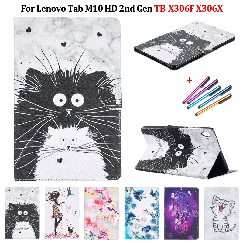 

Cat Flower Painted Flip Tablet Cover Funda For Lenovo Tab M10 HD 2nd Gen Case 10.1 Leather Stand Shell For Lenovo TB X306F X306X