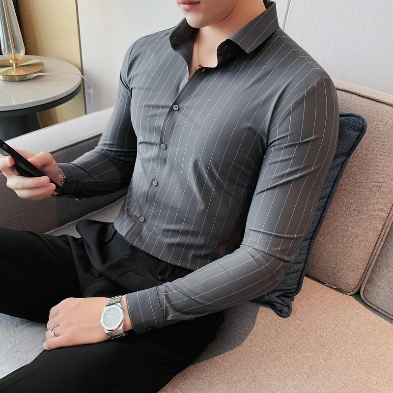Autumn Slim Casual Shirt for Men 2021 Long Sleeve Striped Business Formal Dress Shirts Social Office Tops Street Male Clothing