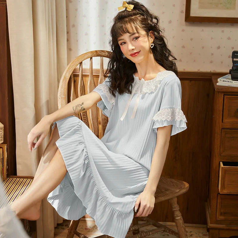 

Summer Lace Sweet Style Night Dress Women Viscose Short Sleeve Nightgowns Round Neck Bow Sleepwear Princess Night Wear Pijamas